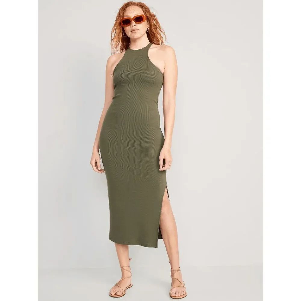 Old Navy‎ Olive Green Fitted High-Neck Rib-Knit Maxi Dress XXL NWT